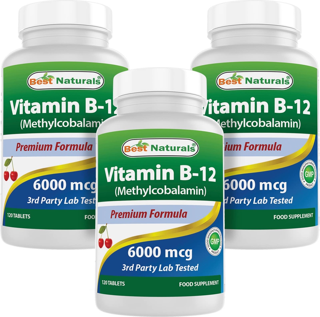 Best Naturals ויטמין B-12 כמו Methyylobalamin (Methyl B12, 6000 mcg 120 טבליות sublingual (120 Count)