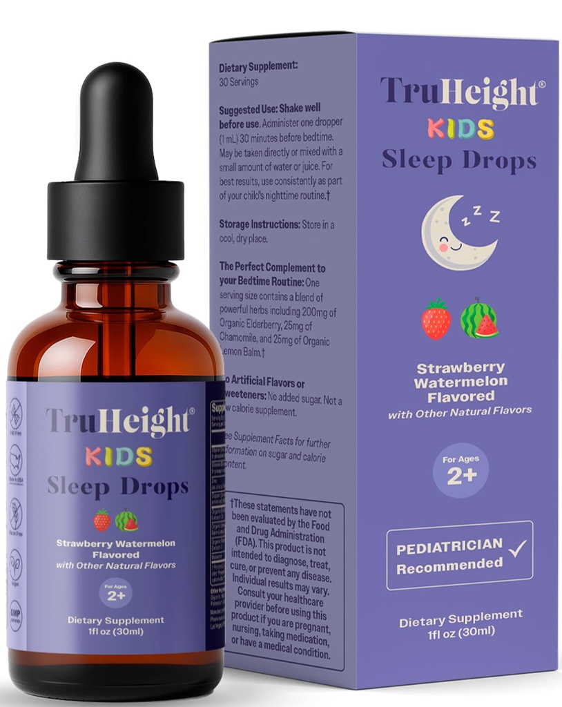 TruHeight Kids Sleep Tincture Ages 2+ (Watermelon Flavor) - תינוקות, טודלרים וילדים טבעיים Sleep Aid - Baby, Toddler, Child Melatonin 2 Year Old+ - ויטמין B6, Riboflavin, Zinc, Copper, Lemonm Balm, Balm