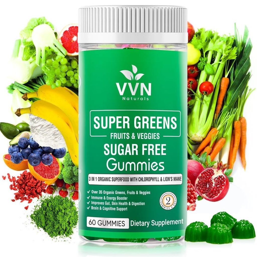 פירות אורגניים ללא סוכר, Super Greens ו- Veggies Gummies ירקות מזינים ובריאים, פירות וירקות לשיפור התחמושת, בריאות העור ואנרגיה בוסט 60 חניכיים טבעוניות