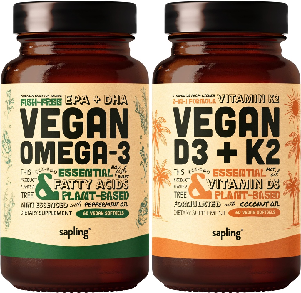 אומגה 3 & ויטמין D3 + K2 תוסף Bundle - Plant-based DHA & EPA Fatty Acids, 4000 IU ויטמין D3 ו 100mcg ויטמין K2 כמו Mk7