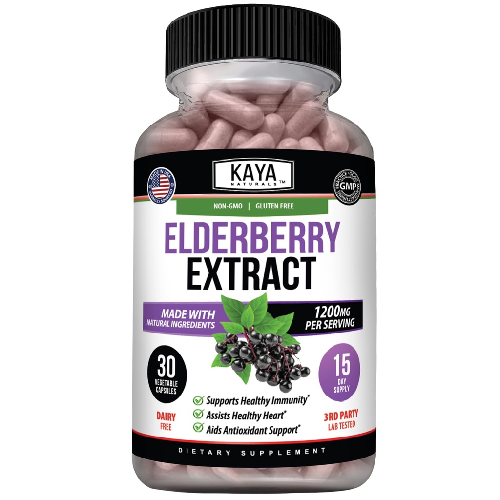 Kaya Naturals Elderberry Immune Support - Elderberry Extract, Rich Antioxidant Premium ויטמינים, 1200mg מערכת החיסון Booster Sambucus קפסולות - 30 Count