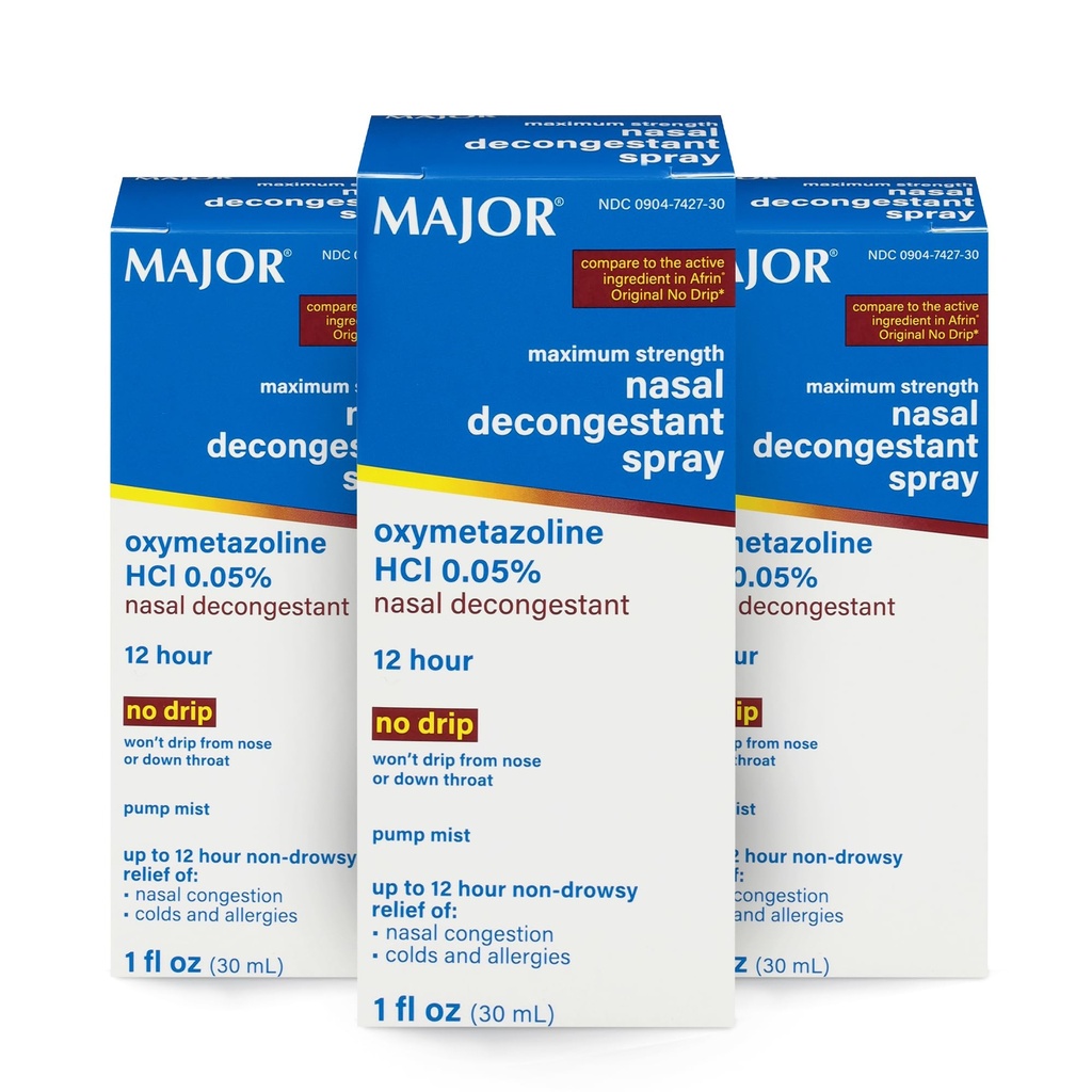 MAJOR כוח מקסימלי Nasal Decongestant Spray, Oxymetazoline HCl 0.05% Pump Mist, non-Drowsy Nasal Spray, עד 12-Hour Relief from Nasalungestion, Colds, and Allergies 1 Fl. Oz. (3-Pack)