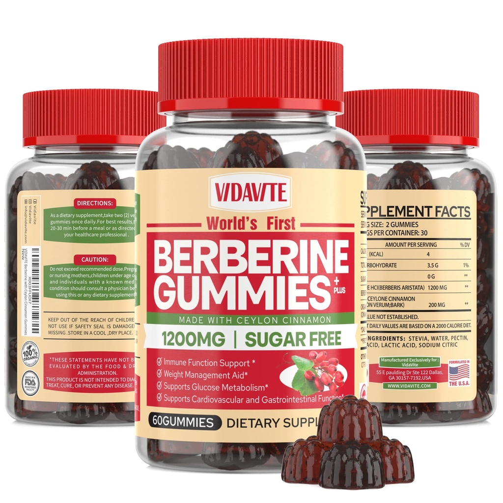 ברברין עם Ceylon Cinnamon Gummies - סוכר חינם, 98% טהור ו 10x Absorption - 1200 מ"ג HCL אורגני Breberine תוספת לניהול משקל, חסינות, Metabolic & Digestive בריאות (30 ימים)