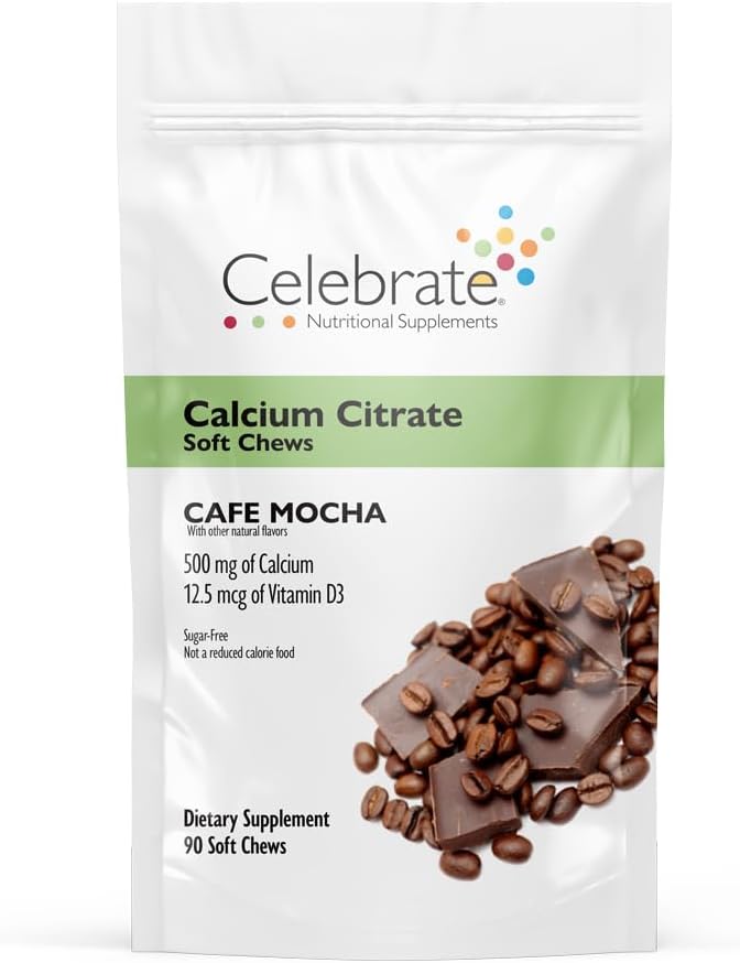 חוגגים ויטמינים Bariatric Calcium Citrate Chews Soft עם ויטמין D3, 500 מ"ג, סוכר חינם וגלוטן חינם Calcium Citrate עבור חולים Bariatric, קפה Mocha, 90 ספירה
