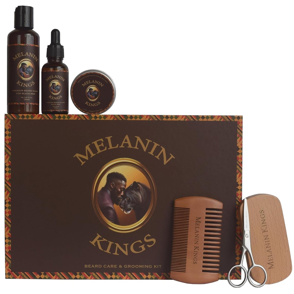 מלנין מלכים דובד ג'ולינג Kit for Men - פורמולות עם צמחי טבע אפריקאים עתיקים | Beard Wash, Oil, Balm, Brush, Comb, Trimming Scisorsors
