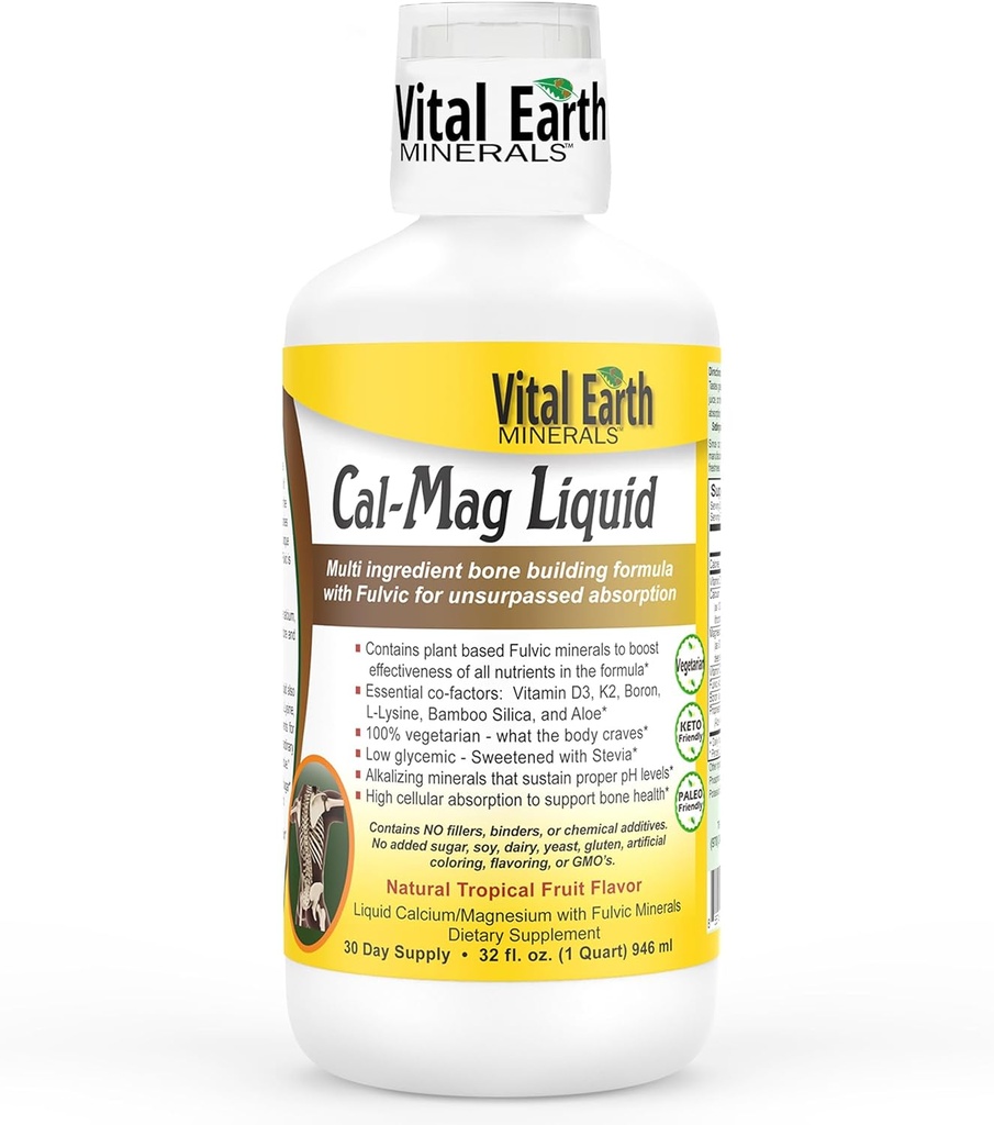 Vital Earth מינרלים Cal-Mag נוזלי - Calcium Magnesium תוסף עם ויטמין D3, K2, Boron ו- Fulvic Acid for Faster Absorption, 32 Oz + 1 Oz Cup