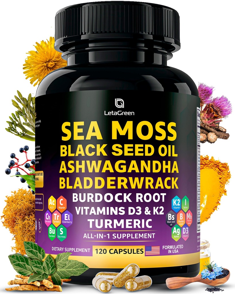 Sea Mosss כמוסות - 17-in-1 בלגן עם שמן Seed אשווגנדה Blawdderha Blawdder Burdock Root Turmeric ויטמין D3 K2 C עבור Daily Wellness - תוספי Multimineral לגברים ונשים - 120 הרוזן ספירה