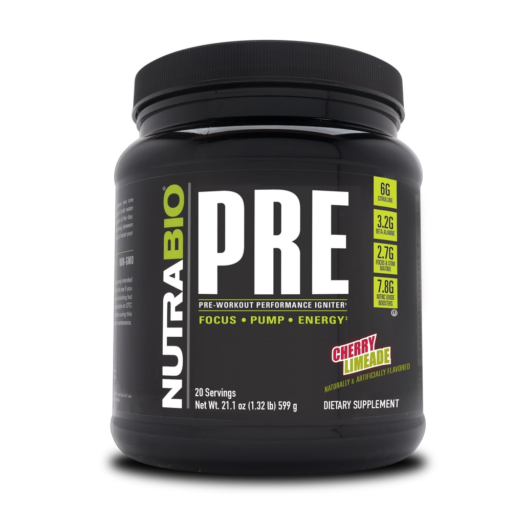 NutraBio Anti Workout אבקה - אנרגיה עתיקה, מיקוד נפש, אנדורנס - Alan Betaine, Creatine, Caffeine, Electrolytes - 20 משרתים - Cherry Limeadeade