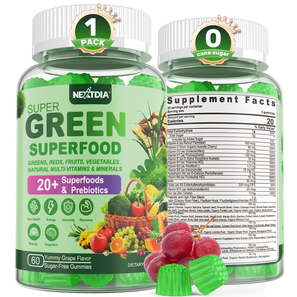 Super Greens Gummies, Greens Superfood אבקת אלטרנטיבי W/Spirulina, Chlorella, Prebiotic סיבים, Probiotic, פירות Veggie, Daily Greens ירקות for Digestive & Gut Health, Immunity, Focus, 60 Cts