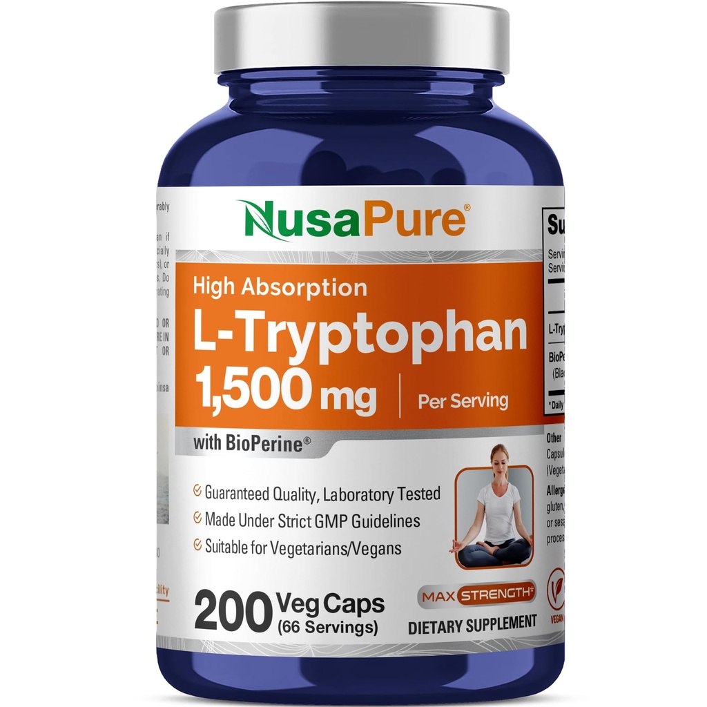 NusaPure L-Tryptophan 1500 מ"ג 200 Caps Vegetarian Caps (Non-GMO, טבעוני) Bioperine