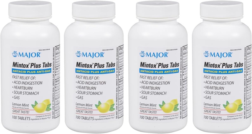 MAJOR Mintox Plus Tabs - Antacid Plus Anti-Gas Tablet - Helps Quickly Relieve Acid Indigestion, Heartburn, Sour Stomach, and Gas - Lemon Mint Flavored - 100 Count (4 Pack)