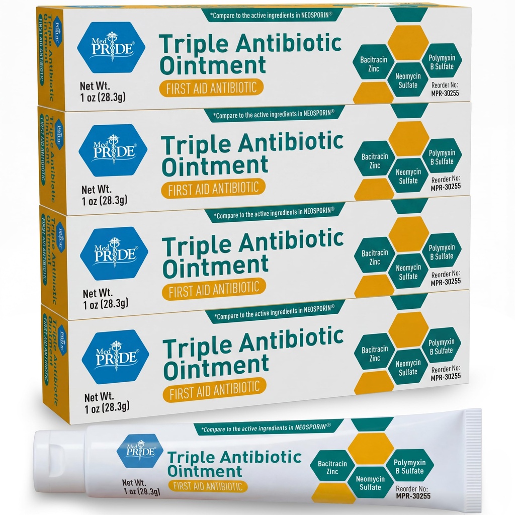MED גאווה משולשת Antibiotic גאווה Ointment Tube 1 Oz 4Pack, עזרה ראשונה עבור Small Wounds, שריטות, Abrasions, עם Zinc, Neomycin, Polymyxin