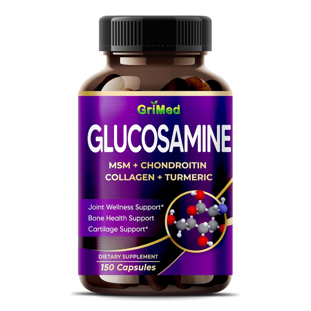 GriMed Glucosamine 12,000 מ"ג - X12 Power עם MSM, Chondroitin, Collagen, Turmeric עבור בריאות משותפת, עצמות חזקות, תמיכה קרטליג - USA Made & Tested
