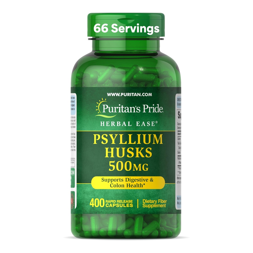 גאווה של Puritan's Pride Herbal Ease® Psyllium Husks 500 מ"ג, תוספת תזונתית עבור Digestive, קולון, ותמיכה בריאות הלב, קלוריות סיבים יומיים, 2 חודשים אספקה, 400 קפסולות שחרור מהיר