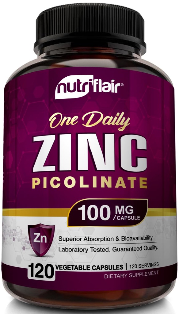 NutriFlair Zinc Picolinate 100 מ"ג, 120 קפסולות - טבעוני, non-GMO, המיוצר בארה"ב, מעבדת צד שלישי נבדקה