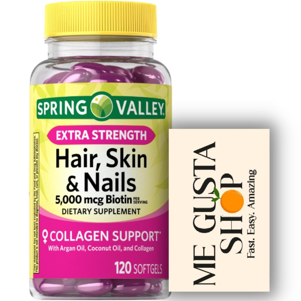 שיער חזק נוסף, Skin & Nails Dietary Spring Valley תוסף, Biotin, Collagen, Gelatin 120 ct כולל מארגנת גלולות