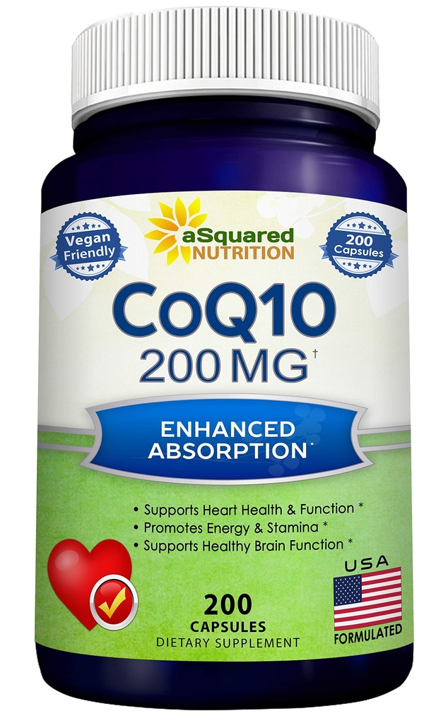 ASquared Nutrition CoQ10 (200 קפסולות ו 200 מ"ג) - High Absorption טבעוני CO Q-10 אבקה - Enzyme Ubiquinone גלולות, תוספת Antioxidant Coenzyme Q10 ויטמין, Coq 10 Alernative to Softgels