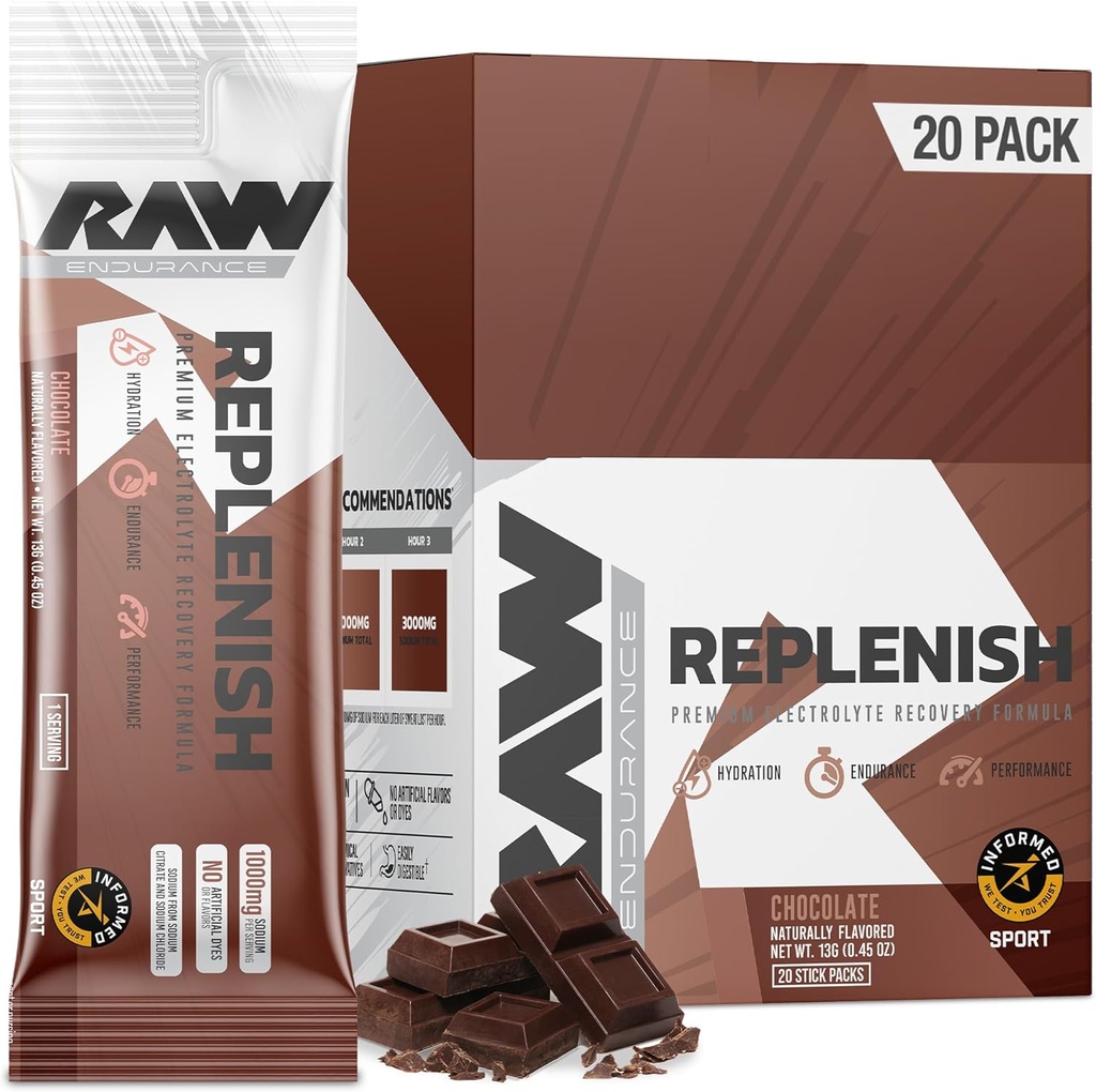 RAW Replenish Packets, Premium Electrolytes אבקת Recovery פורמולה, שוקולד (20 Stick Packs) - תערובת משקאות אלקטרוליטית פלברטוט עבור הידרה, רפישמנט, Endurance & Performance Workouts