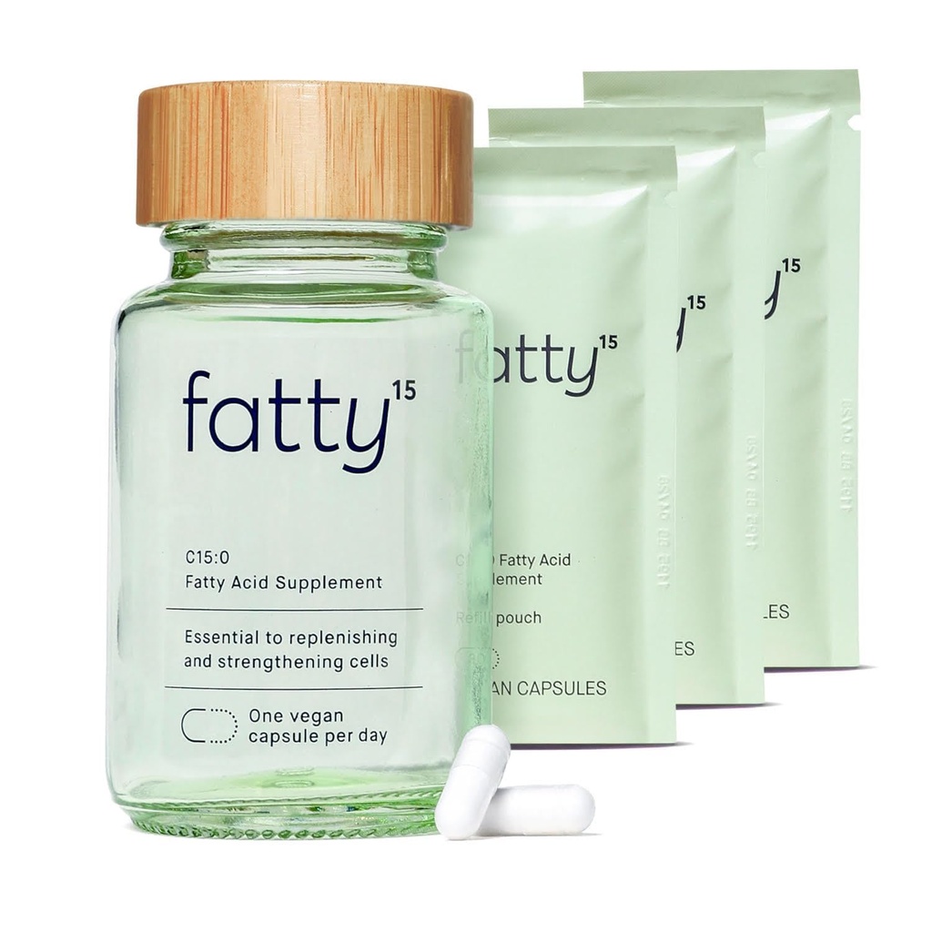Fatty15 C15:0 Pentadecanoic Acid תוסף The Longevity Foodsent - 90 קפסולות טבעוניות - 3x הטבות סלולריות של שמן דגים אומגה 3 - Gut Health, Liver Support, & Mitochondrial Health Health