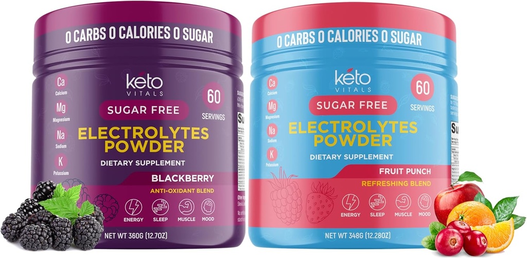 Keto Vitals BlackBerry Bundle עם פירות Punch - 2 Pack Bundle Keto אלקטרוליטים אבקה - Keto-Friendlytes עם Potassium, מגנזיום, Sodium, Calcium - BlackBerry & פירות Punch