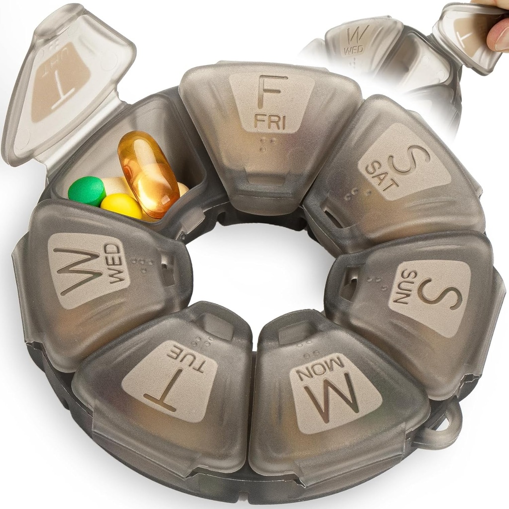 מארגנת גלולות שבועיות עגולות, TPU גומיized, Travel Container 7 יום, עם 7 השוואות גדולות, גדול עבור ויטמינים יומי ותוספים, תיק גלולה יפה עם אותיות גדולות וברילי (Grey)