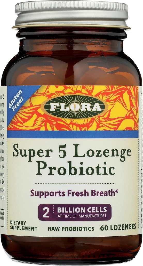 פלורה - Super 5 Lozenge Probiotic, Raspberry Flavored Oral Probiotic, Good for Bad Breath, Five Strains with 2 מיליארד CFU, Regain and Retain Gut Health, RAW, 60 Lozengesges