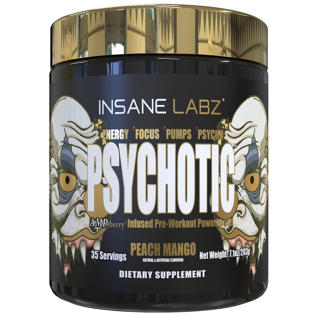 Insane Labz Psychotic Gold, High Stimulant Pre Workout אבקה, אנרגיה מתקדמת, משאבות ו אנדורנס עם אלן, DMAE Bitartrate, no Booster (35 משרתים, Peach מנגו)
