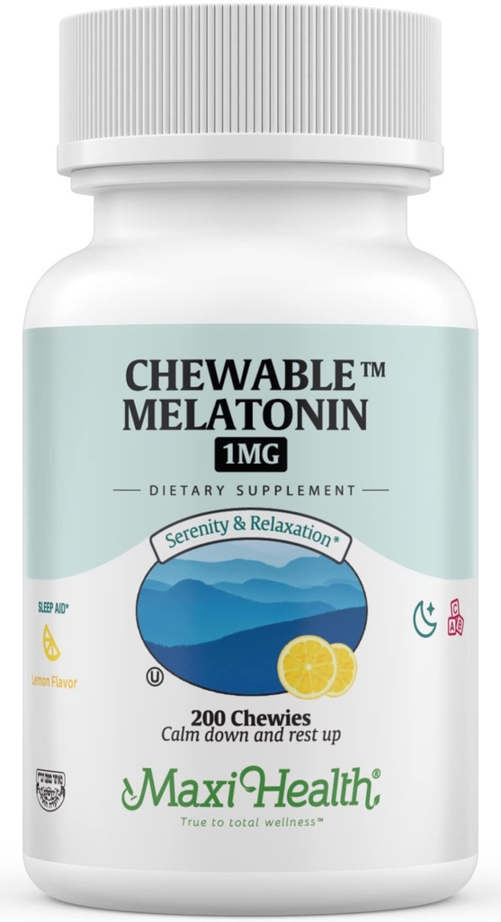 Maxi Health Chewable Melatonin, מלטונין כשר, מלטונין למבוגרים ולילדים, סיוע טבעי למבוגרים וילדים, Melatonin Chewables Alternative to Melatonin Gummies Kids Dose (200 Count)