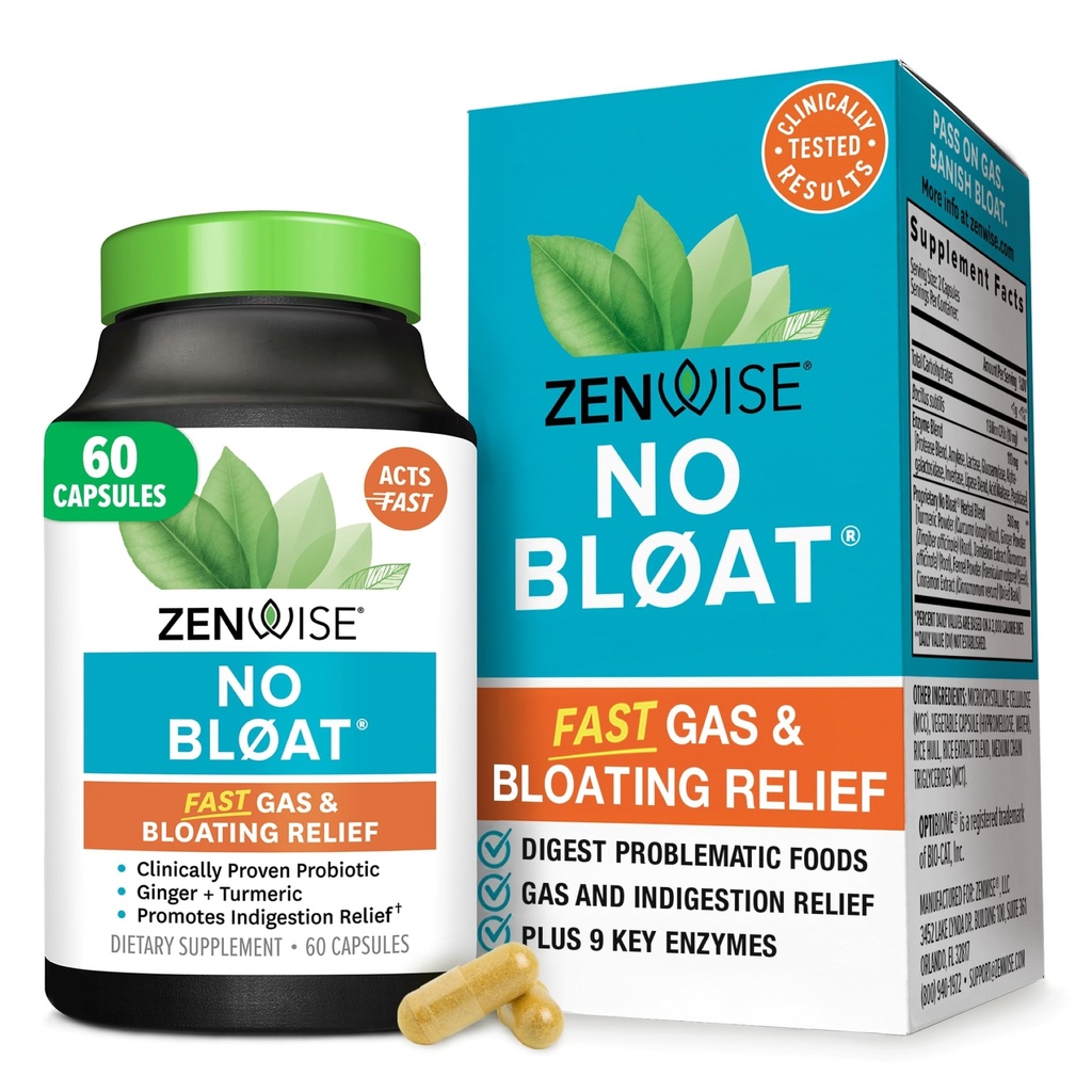Zenwise Health No Bloat Digestive Enzymes for Gut Health, Gas & Bloating Relief - Multi Enzymes Digestion Supplement with Probiotics, Ginger, Turmeric Dandelion & Lactase - Men & Women - 60 Count