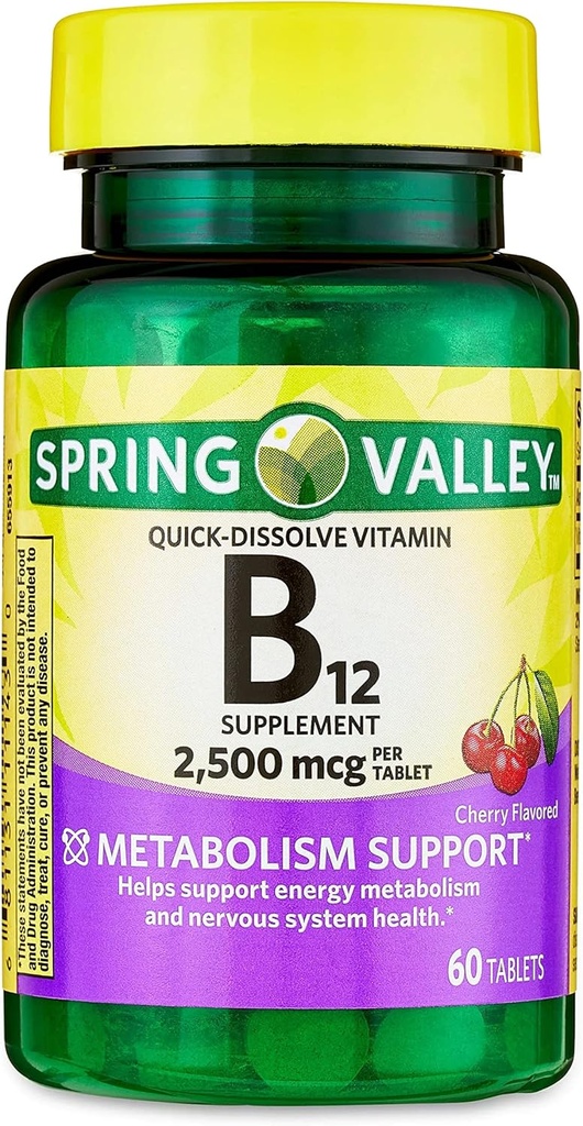 ג'יגי ויטמין B12 Quick-Dissolve Tablets Dietary Supplement, 2,500 מקג, צ'רי פלאמור, 1 Tablet ליום 60 Count