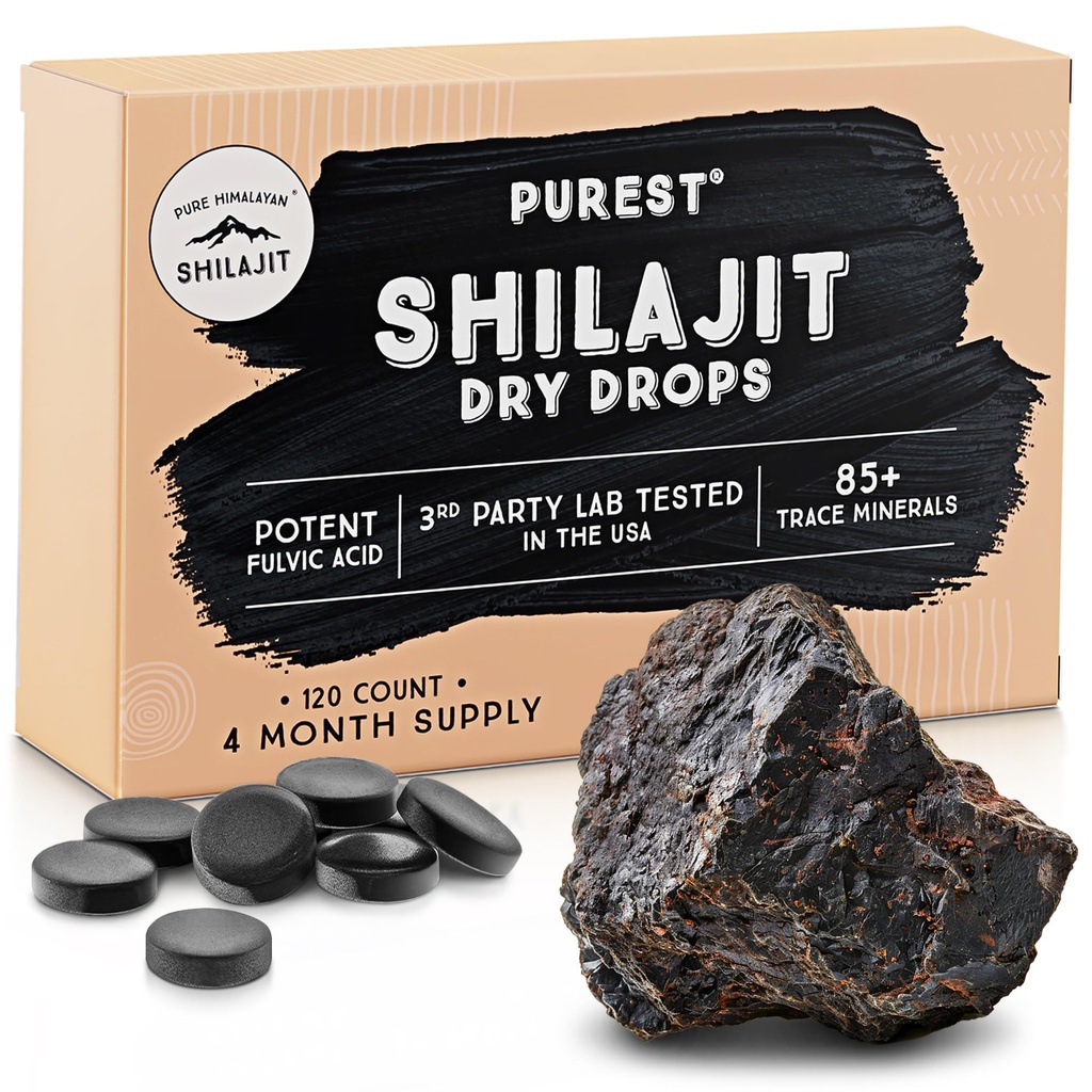 Pure ההימלאיה Shilajit יבש טיפות, 100% טהור Shilajit, כיתה א, מקס פוטנס 85 + ניקוי מינרלים & Fulvic Acid עבור אנרגיה, מטבוליזם ותמיכה הון תוספת לגברים ונשים (120 כרטיסיות)