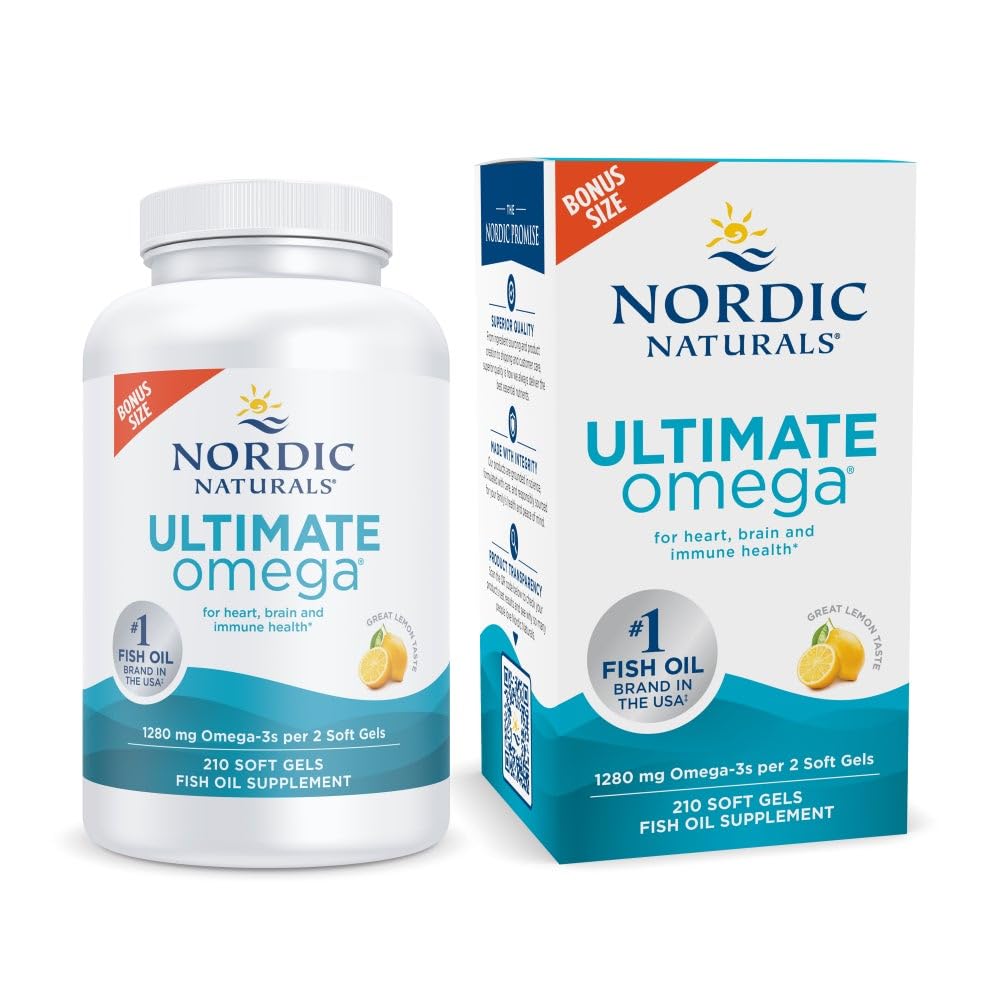Nordic Naturals Ultimate אומגה, Lemon Flavor - 210 Soft Gels - 1280 מ"ג אומגה 3 - שמן דגים עתירי גבוה עם EPA & DHA - מקדם Brain & Heart Health - Non-GMO - 105 משרתים