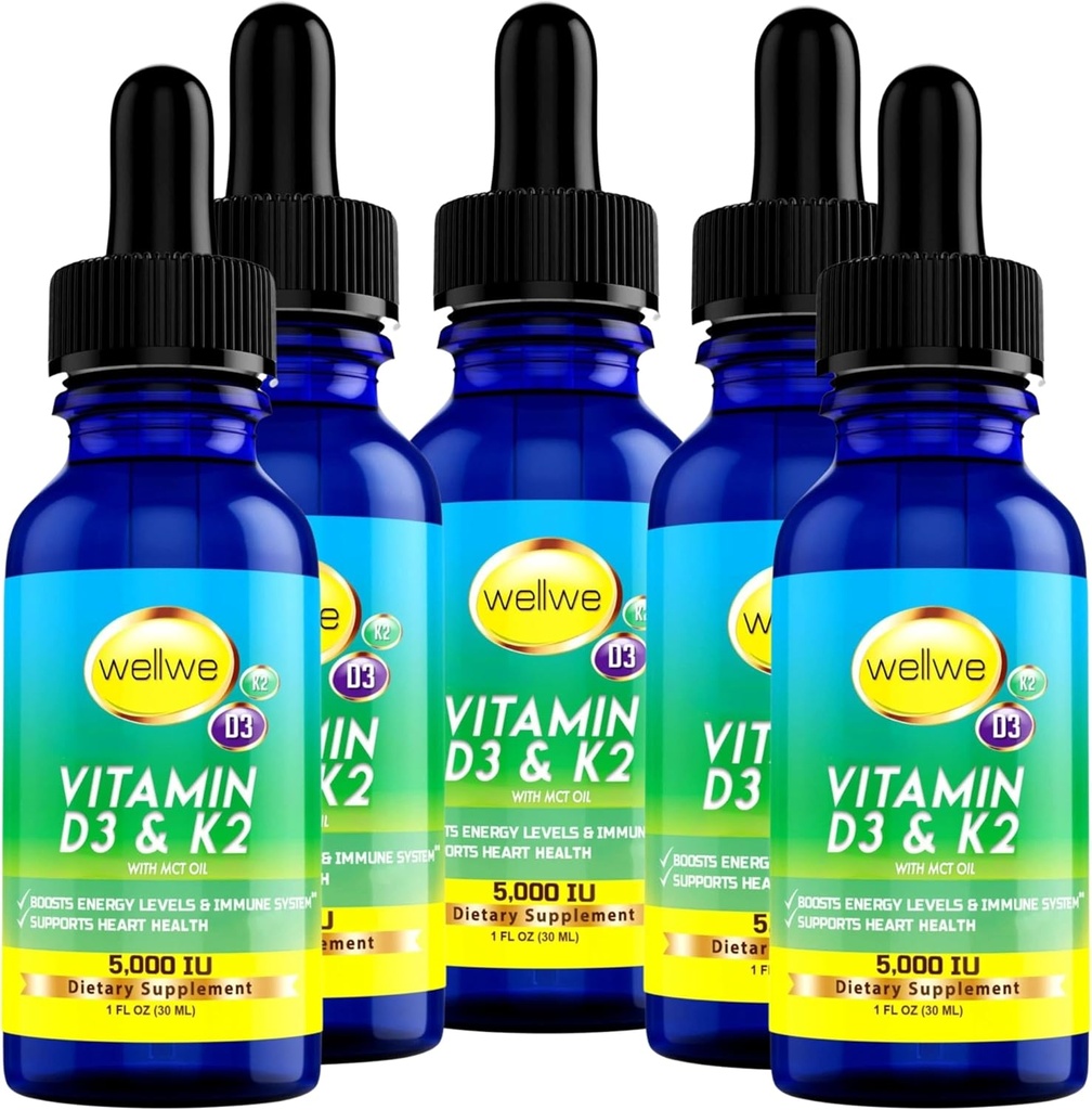 ויטמין נוזלי D3 K2 טיפות 5000 IU - טבעוני, No Taste, No Odor, Soy-Free, Gluten Free, non-GMO, 1000 IU ל Drop, Boosts Energy Levels & Immune System, תומך בריאות הלב (5 Pack)