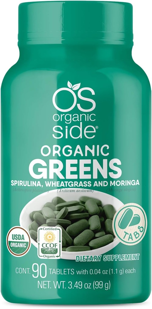 ירקות אורגניים (Spirulina, Wheatgras & Moringa) 90 טבליות - עשיר בוויטמינים ומינרלים - Super Greens 1100 מ"ג מוסמך USDA - Non GMO - טבעוני