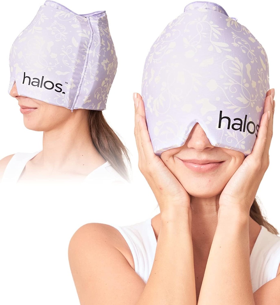 MyHalos® Migraine Relief Cap, 30% Thicker, 2X יותר Cooling Gel, Stays Colder for Longer, Form Fitting Ice Hat, Ice Pack Head Wrap הקלה, Tension Headache Cap (Violet)