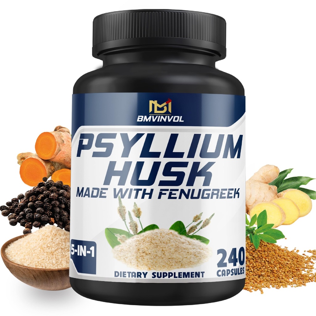 BMVINVOL Psyllium Husk כמוסות סיבים עם Fenugreek, Turmeric, ג'ינג'ר, Black Pepper - תמיכה במערכת העיכול, Intestinal Health - 240 הרוזן במשך 4 חודשים אספקת אספקה