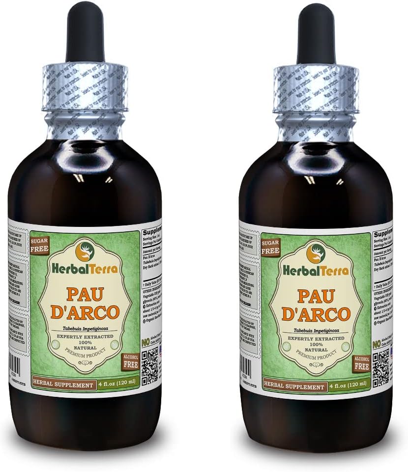 PAU d'arco (Tabebuia Impetiginosa) Glycerite, Dried Bark אלכוהול-Free Liquid Extract (Brand Name: HerbalTerra, Madely in USA) 2x4 fl.oz (2x120 מ"ל)