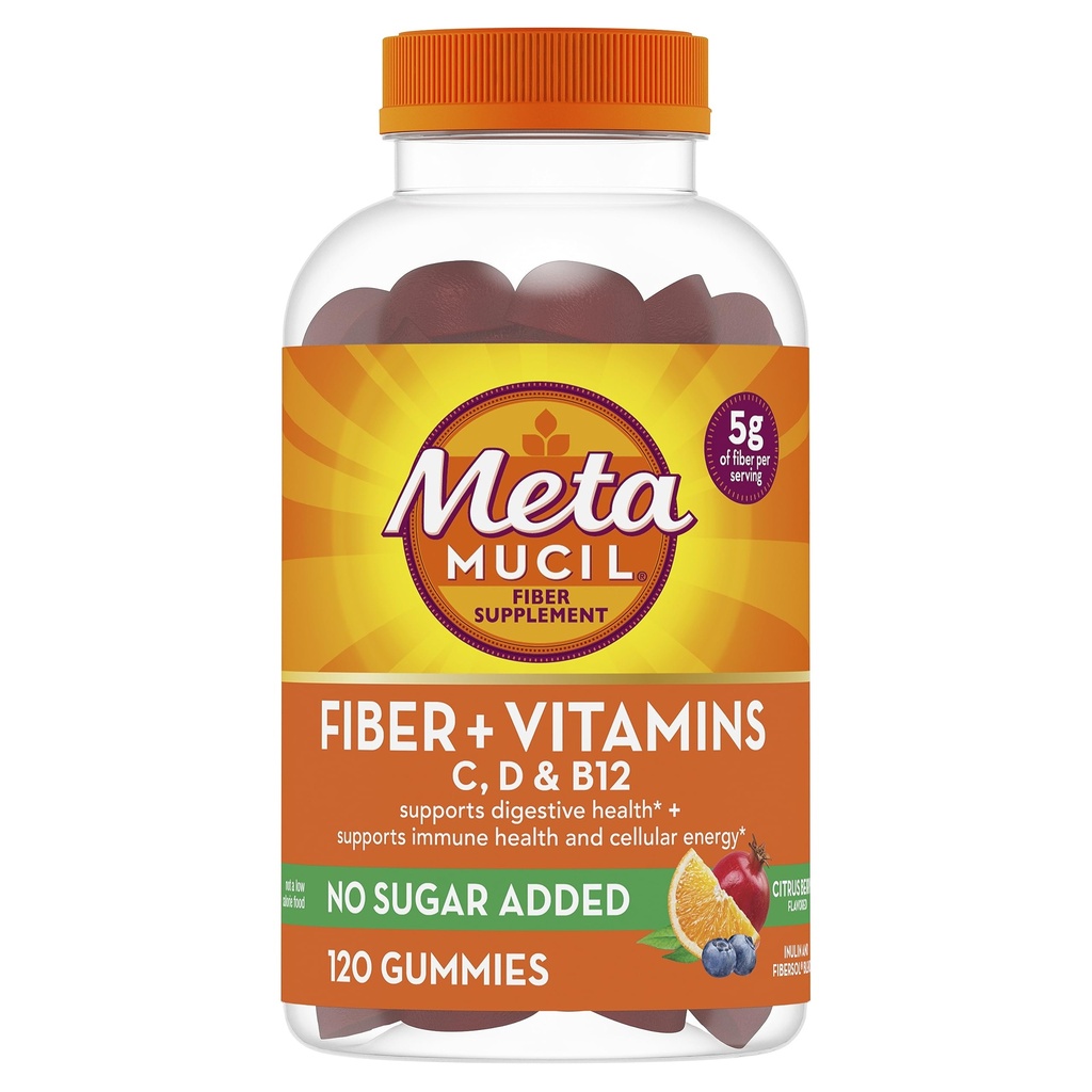 Metamucil סיבים חניכיים עבור מבוגרים עם ויטמין C, D, B12 עבור Metabolism, No Sugar הוסיף Citrus Berry Flavor, 5g Plant Based Prebiotic תוסף תערובת, 120 Count Count