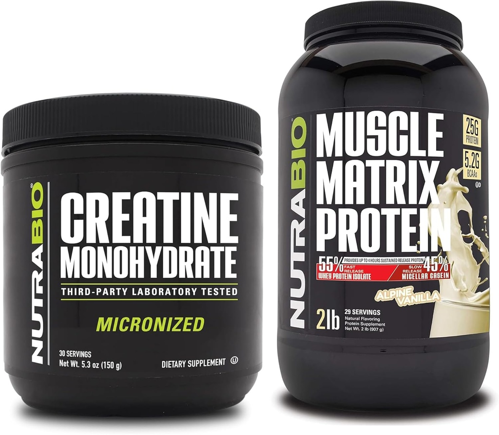 NutraBio Creatine Monohydrate, Unflavored, (150 גרם) ואבקת חלבון במטריקס שרירים, (Vanilla) תוסף Bundle - שריר אנרגיה, צמיחה מקסימלית, התאוששות וכוח