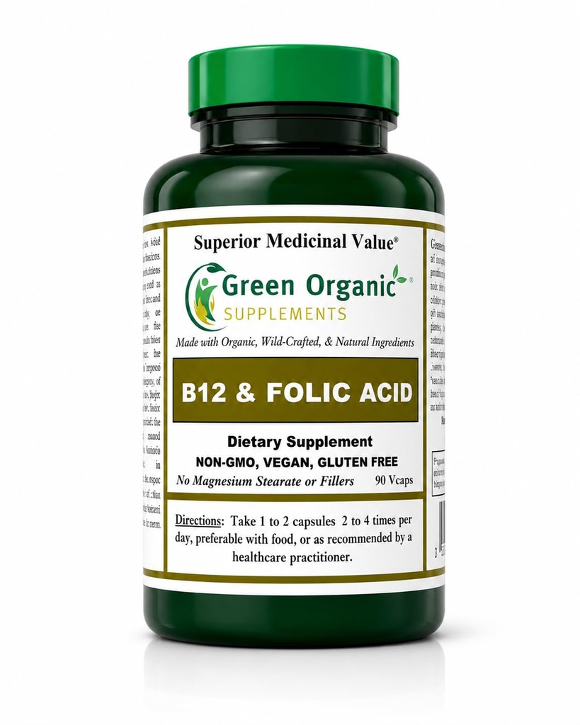 תוספי מזון אורגני ירוק (Pack-1) ויטמין B12 & Folic Acid, 1000mcg, 90 VCaps, Hand Made, טבעוני, Non-GMO, תומך בתפקוד מערכת העצבים, ואת האינטגרליות של העור, השיער והחיה