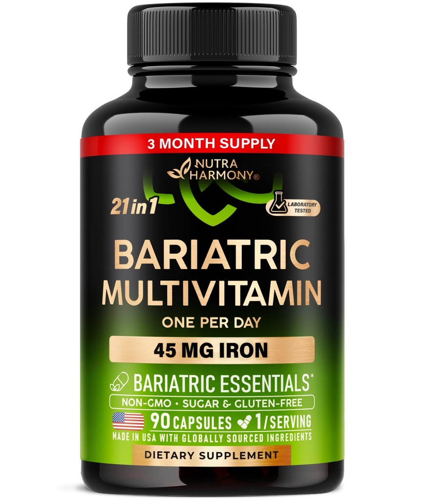 Bariatric Multivitamin - 45 מ"ג תוספת ברזל - מיוצר בארה"ב - עבור נשים וגברים - All-in-One, 21 ויטמינים חיוניים - תמיכה אולטרה סגול - חינם של סוכר, Gluten & Soy - 90 קפסולות, פעם דיילי