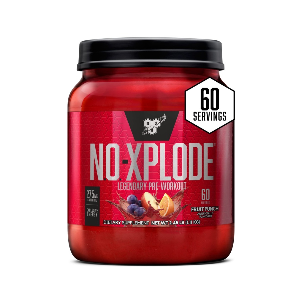BSN N.O.-XPLODE Pre Workout תוסף עם Creatine, Beta-Alanine, and Energy, Fruit Punch, 60 משרתים, 2.45 פאונד (Packaging May Vary)