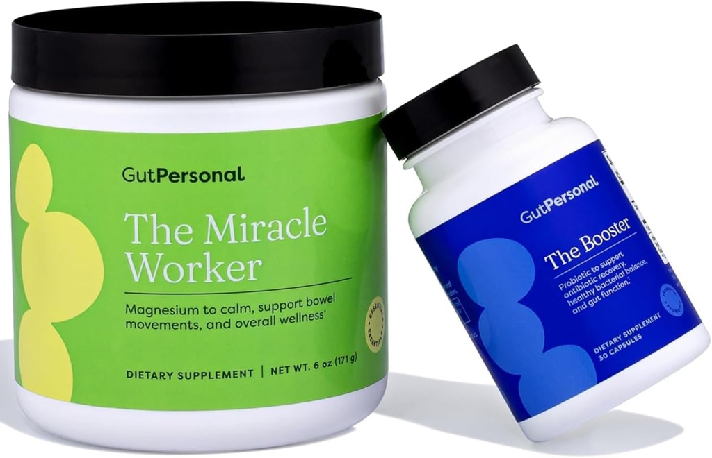 GutPersonal The Gut FixTM Bundle: The Miracle Worker Magnesium אבקת תוסף, סטרוברי פלמור, 30 משרתים + Booster Targeted Probiotic, קפסולה, 60 משרתים