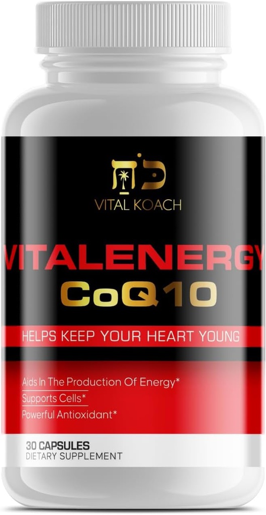 Vital Energy CoQ10 Ubiquinone 200 מ"ג, 30 קפסולות, תומך Cardiovascular Health, cell Energy Production, ו- Antioxidant, White/Black / Black