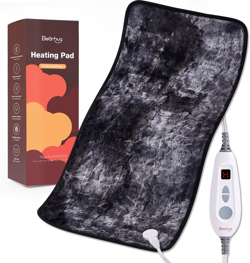 Bearhug XXL Electric Heated Pad 17'x33's Double-Sided Faux Fur Heating Pad, 6 רמות חום, 2Hour Auto-Off, Moist & יבש טיפול עבור Back Pain Relief, Machine Washable, ETL Certified Box