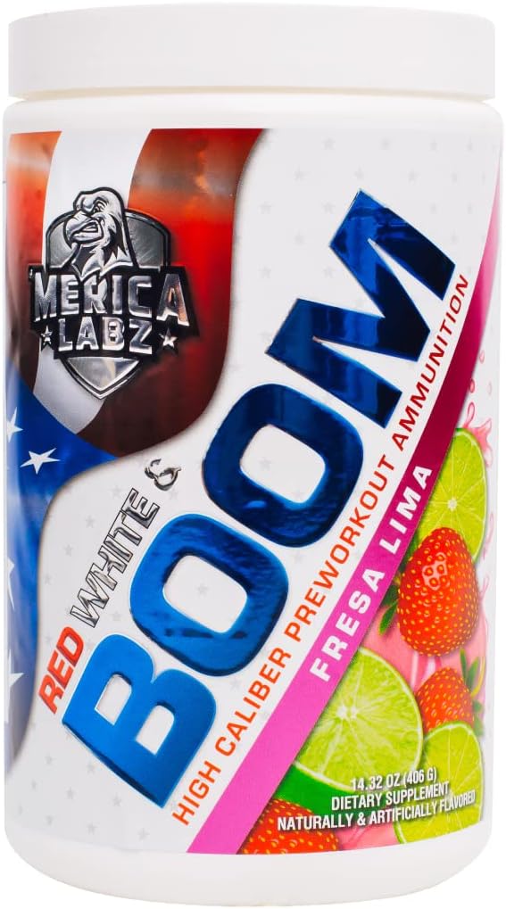 Merica Labz Red, White, ו-Boom, High Caliber Pre Workout with VasoDrive-AP®, 350mg Caffeine, Max Energy, Pump and Focus, Enhance Blood Flow andשרירים Volume, 20 משרתות (Fresa Lima)