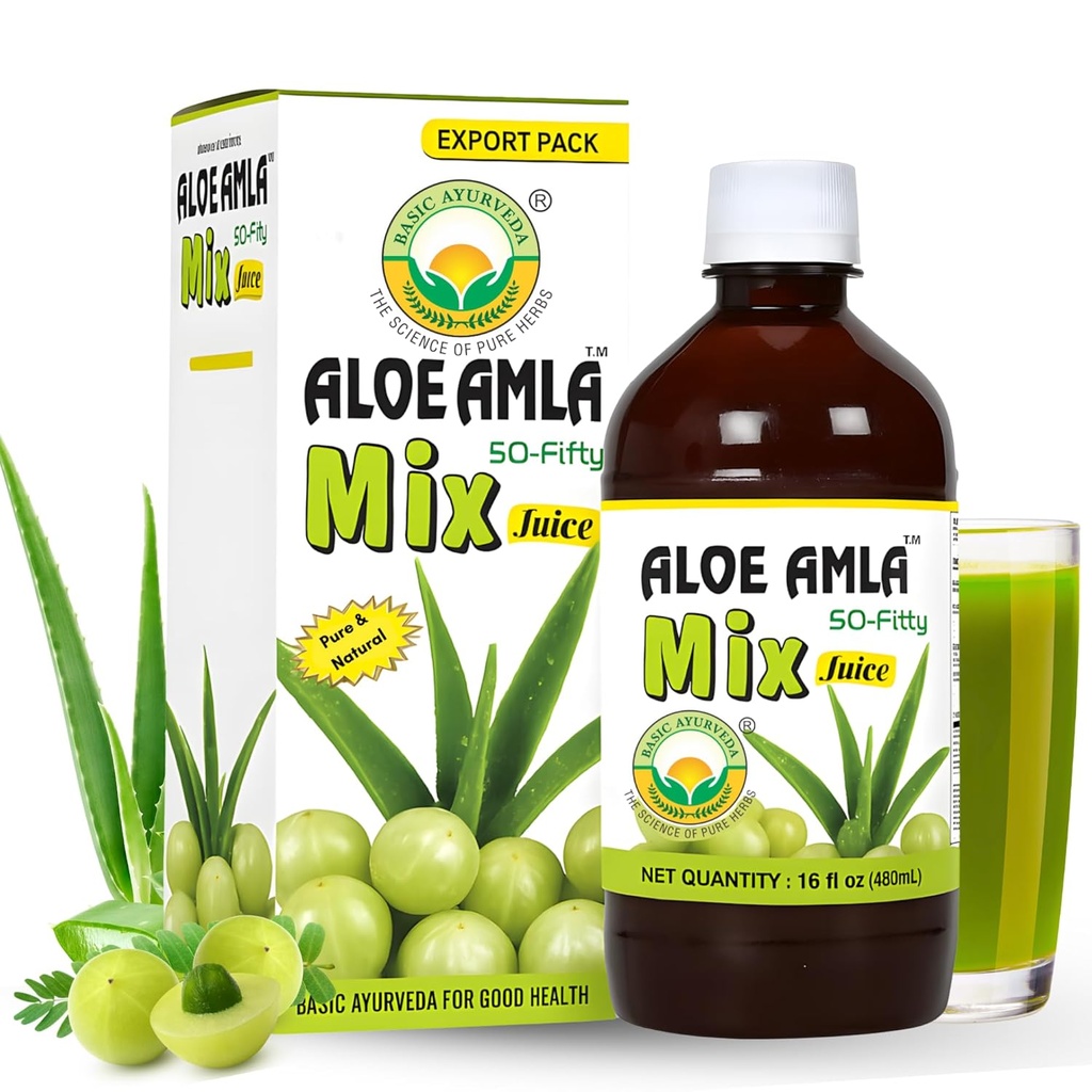 יסוד Ayurveda Joberry + Aloe Vera Juice - 16.23 Fl Oz ( 480 מ"ל) | 50-Fifty הנעלה שלה Mix for Immunity, Digest & Skin Health