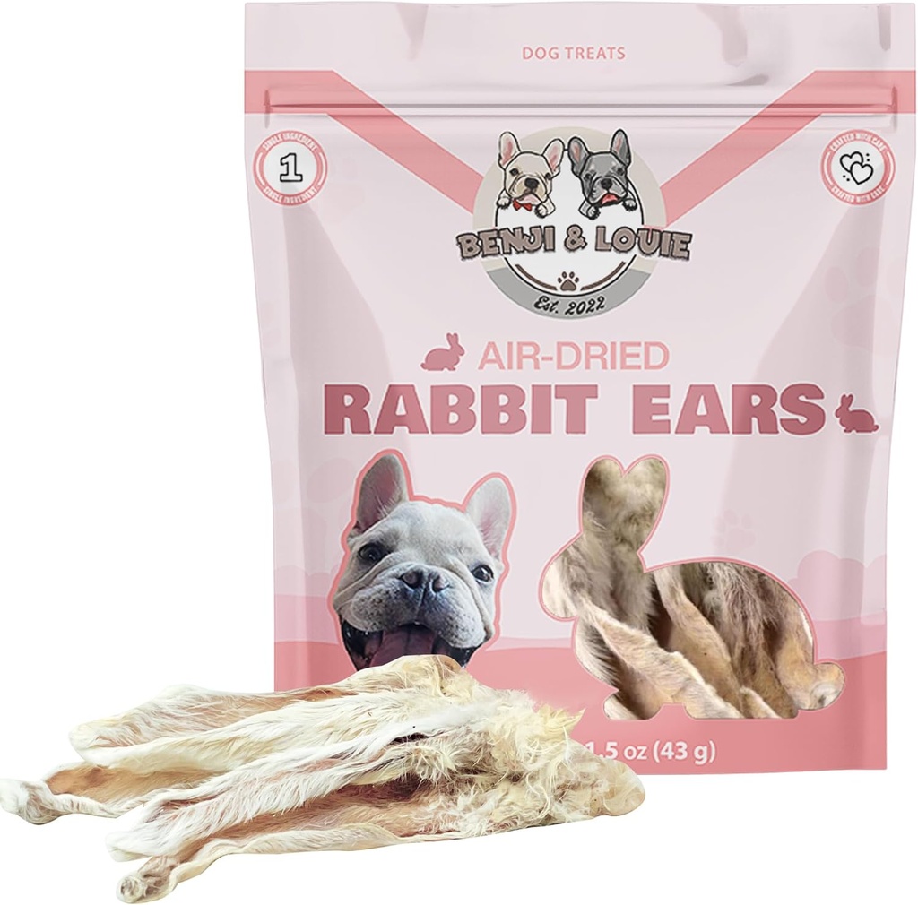 Benji & Louie Air Dried Whole Rabbit אוזניים עם Fur - טיפול טבעי לכלבים או צ'יפס כלבים, יחיד אינטגרטיבי, 1.5 oz, 4 עד 6 Count
