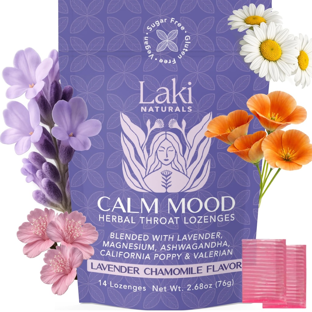 Laki Naturals Lavender Chamomile Calm Mood Functional Herbal Lozenges (14ct) גרון ו Calming Hard Candies with Magnesium, Ashwagandha, קליפורניה פופפי ולריאן. טבעוני, סוכר חינם, Gluten Free