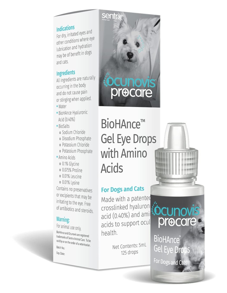 Sentrx - Ocunovis ProCare Gel Eye טיפות עבור כלבים וחתולים, הידוק החתול והכלב טיפות עם Hyaluronic Acid, Lysine, Amino Acids, Preservative-Free ואנטיביוטיקה-חופשי, 5 מ"ל